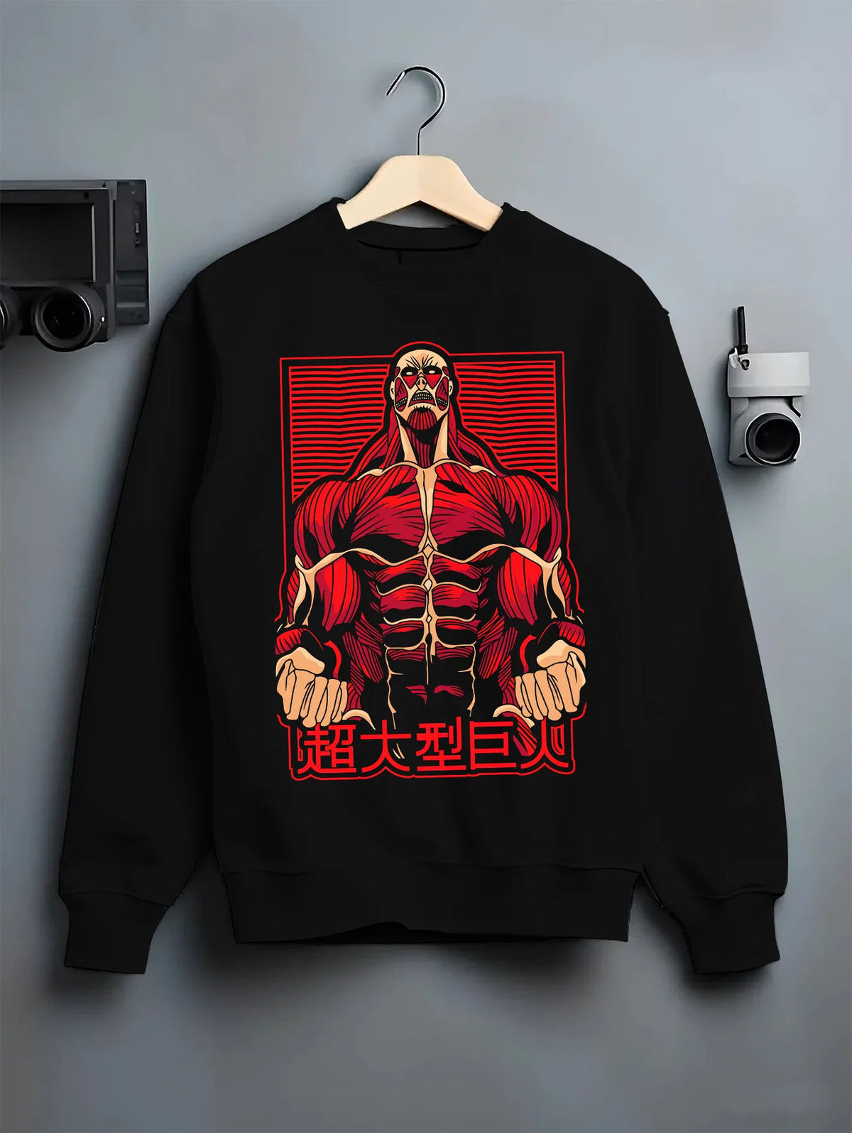 Black crewneck sweatshirt on hanger showing Colossal Titan from Attack on Titan: transformation portrait