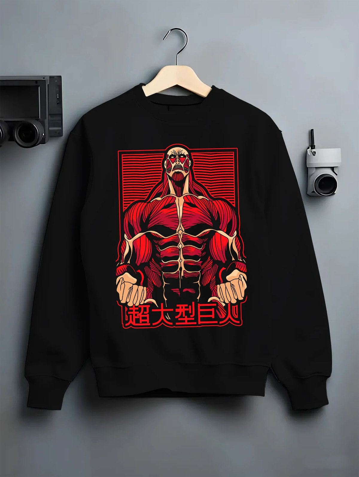 Black crewneck sweatshirt on hanger showing Colossal Titan from Attack on Titan: transformation portrait