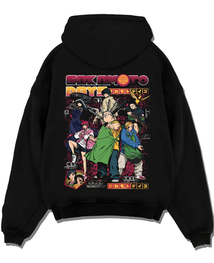 Black hoodie laid flat featuring Sakamoto Days cast group action artwork.
