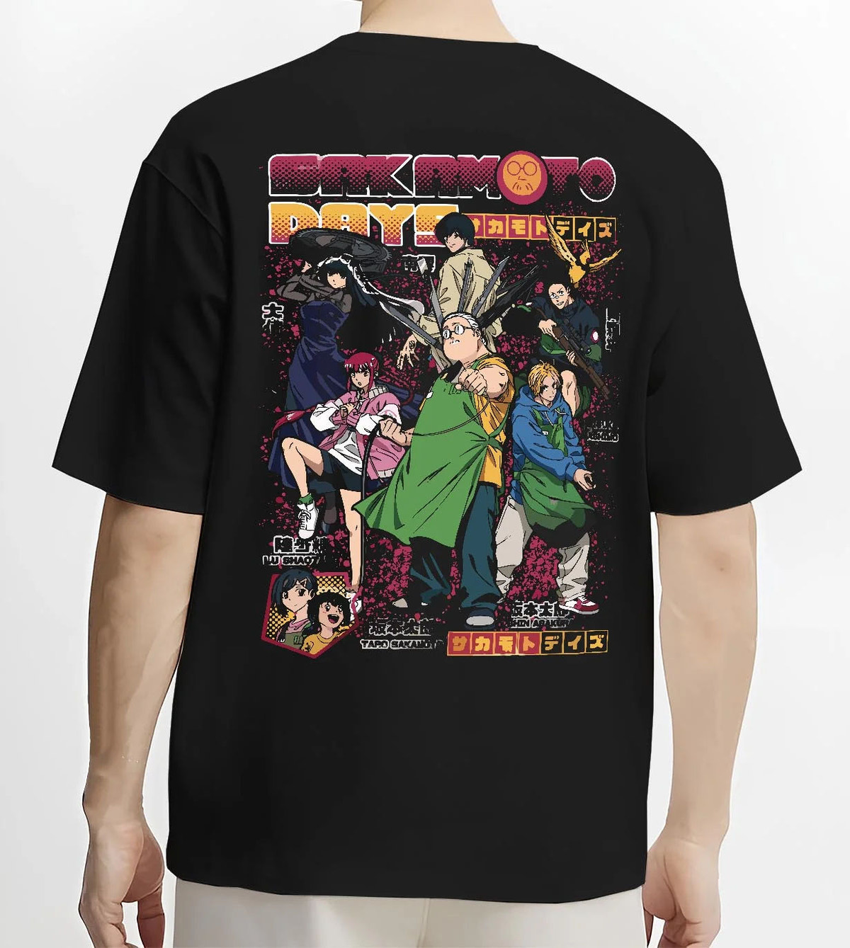 Black T-shirt worn by male model from the back featuring Sakamoto Days cast group action artwork.