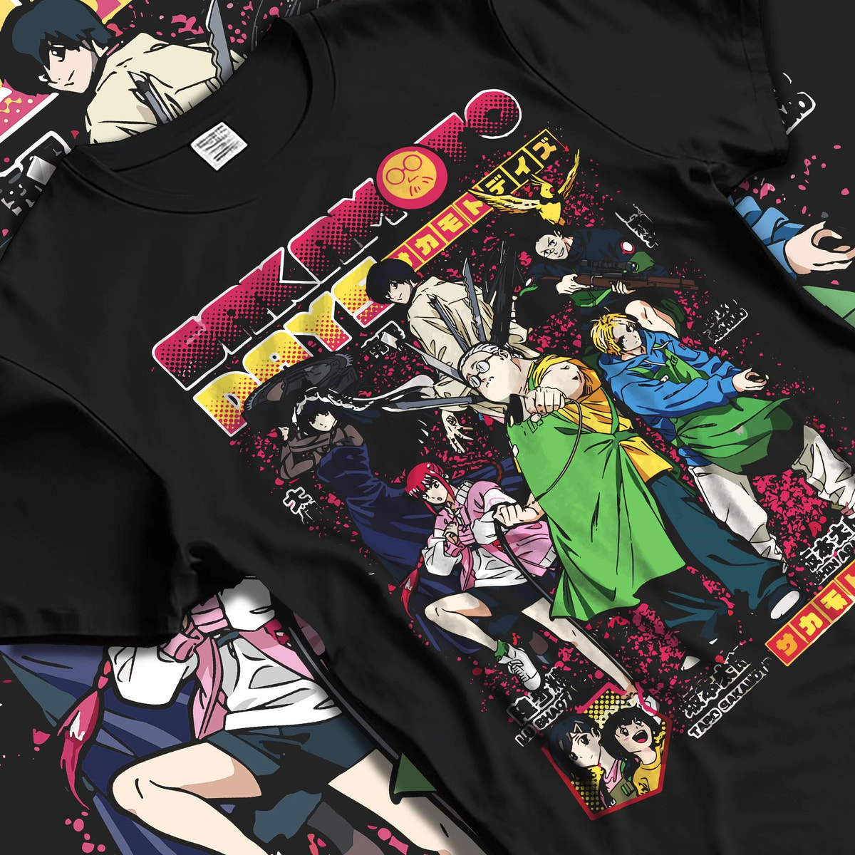 Black T-shirt laid flat with natural folds featuring Sakamoto Days cast group action artwork.
