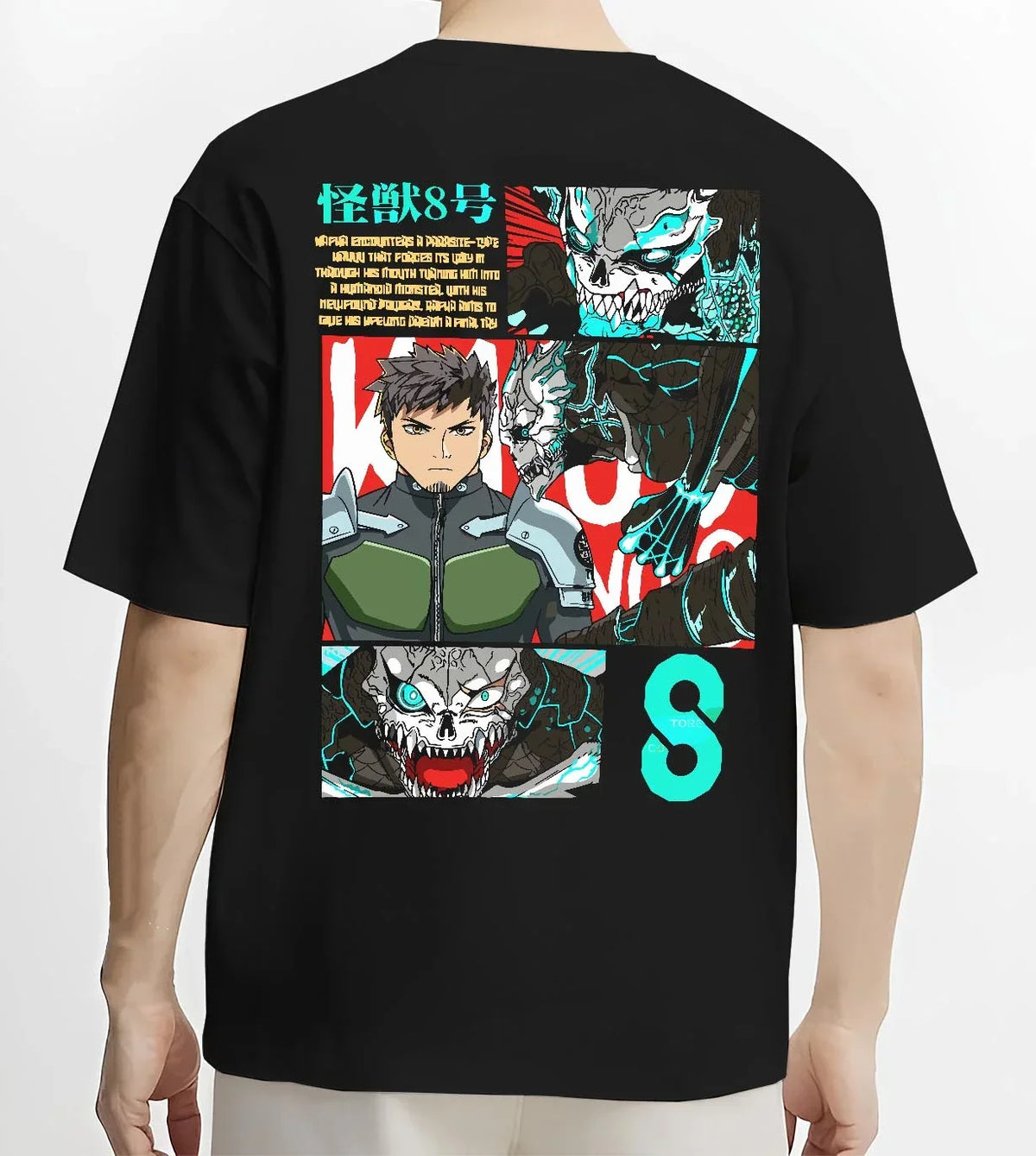 Black T-shirt worn by male model, back view with Kaiju No. 8 Hoodie Kafka Hibino Defence Unit Jumper graphic premium wear.