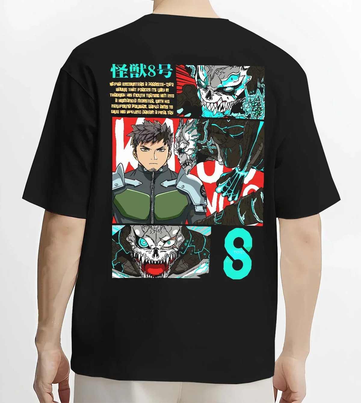 Black T-shirt worn by male model, back view with Kaiju No. 8 Hoodie Kafka Hibino Defence Unit Jumper graphic premium wear.