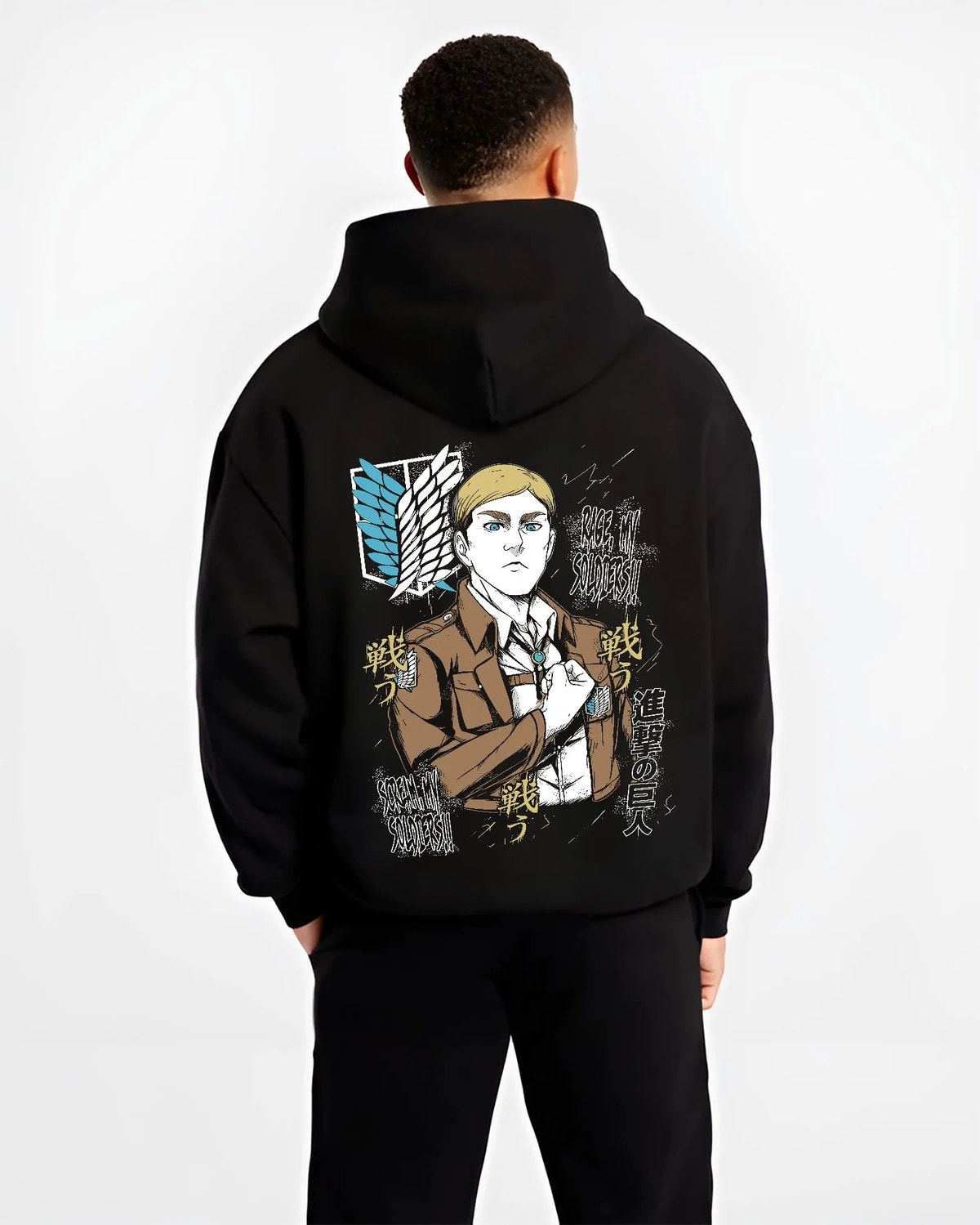 Black hoodie model back view showing Erwin Smith from Attack on Titan: Survey Corps commander