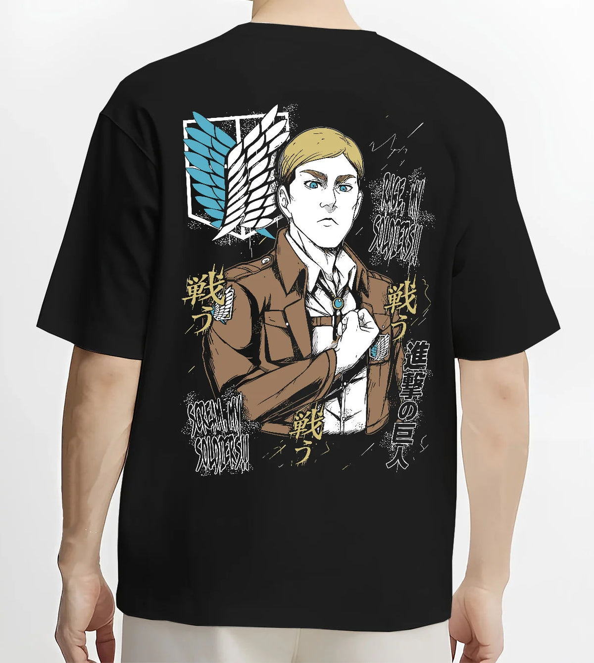 Black T-shirt model back view showing Erwin Smith from Attack on Titan: Survey Corps commander