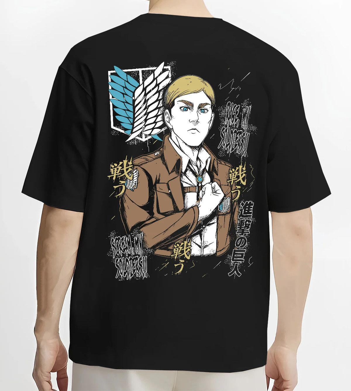 Black T-shirt model back view showing Erwin Smith from Attack on Titan: Survey Corps commander