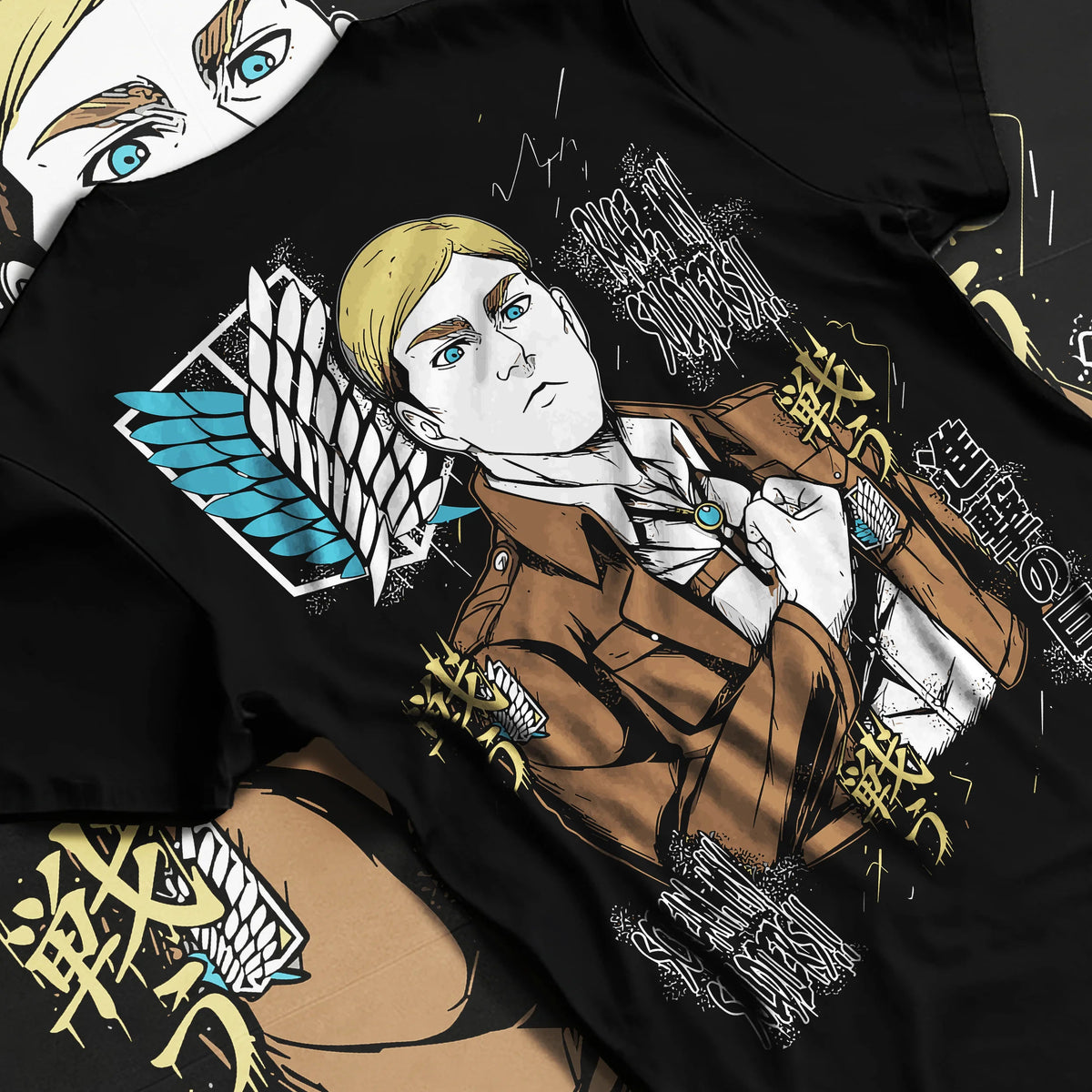 Black T-shirt flat back view showing Erwin Smith from Attack on Titan: Survey Corps commander