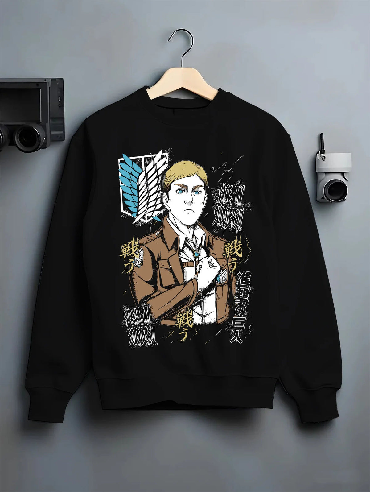 Black crewneck sweatshirt on hanger showing Erwin Smith from Attack on Titan: Survey Corps commander