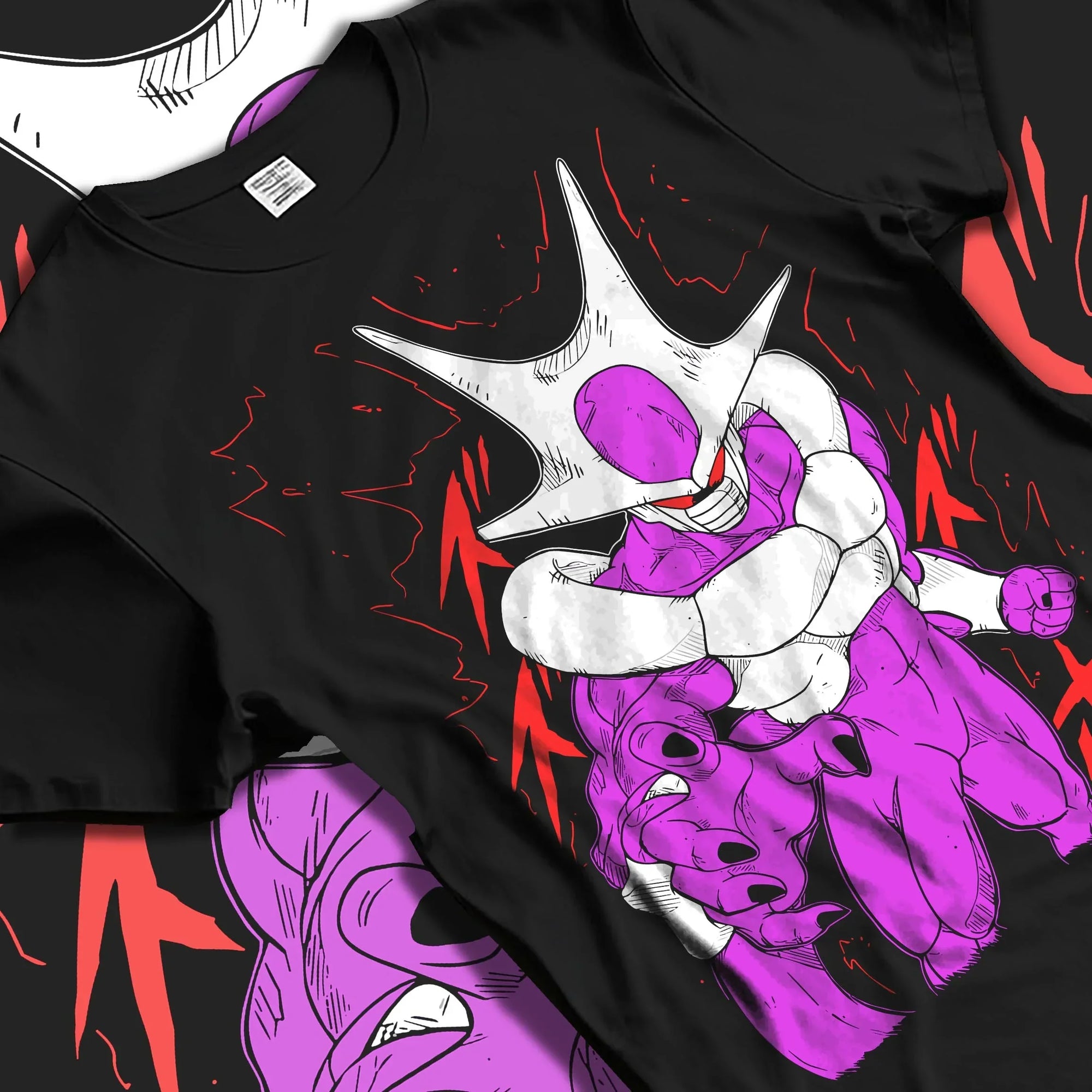 Black T-shirt laid flat with natural folds with Cooler Hoodie Dragon Ball Z Villain Transformation graphic streetwear graphic.
