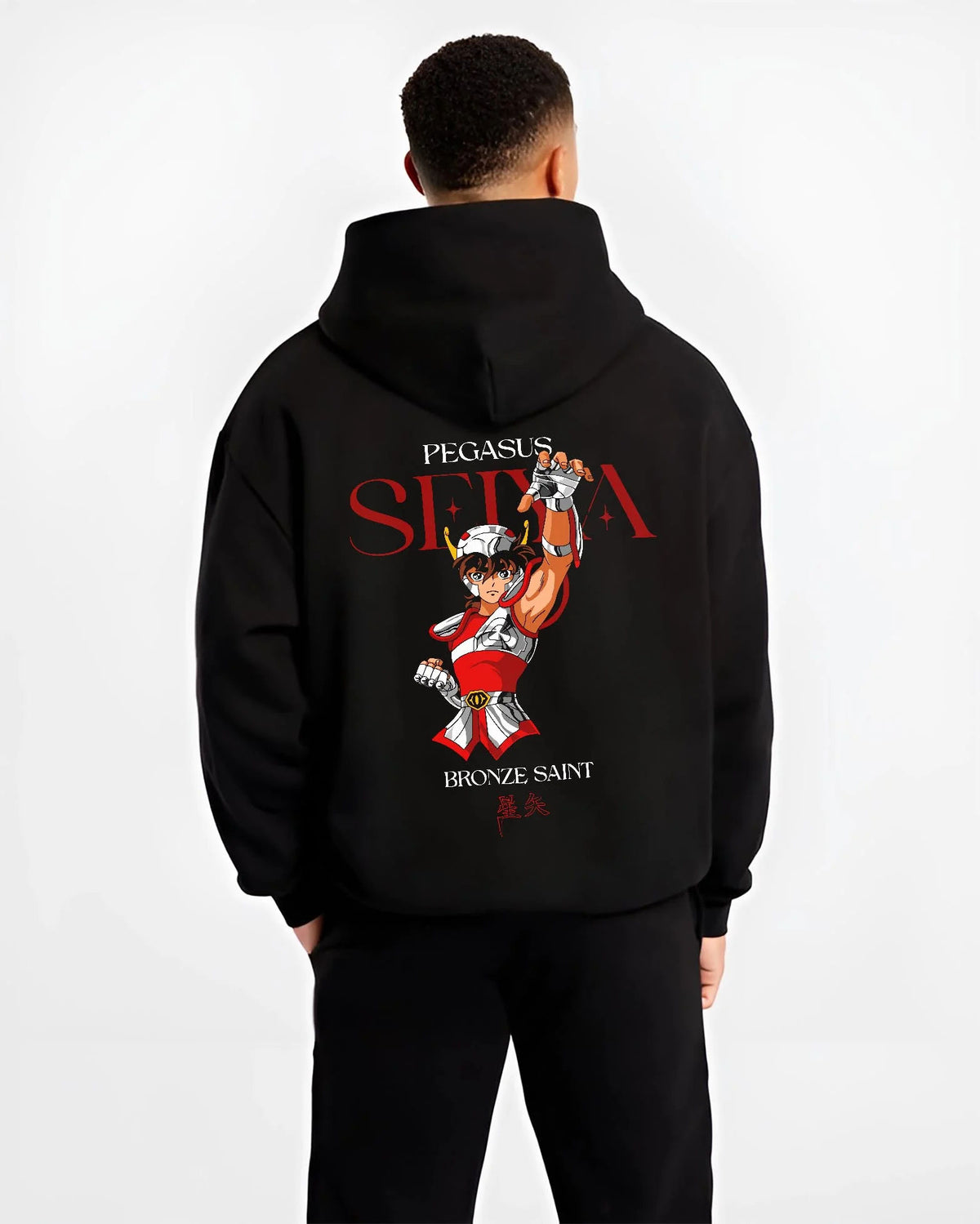 Black hoodie worn by male model from the back featuring Pegasus Seiya Saint Seiya Bronze Saint cosmos artwork.