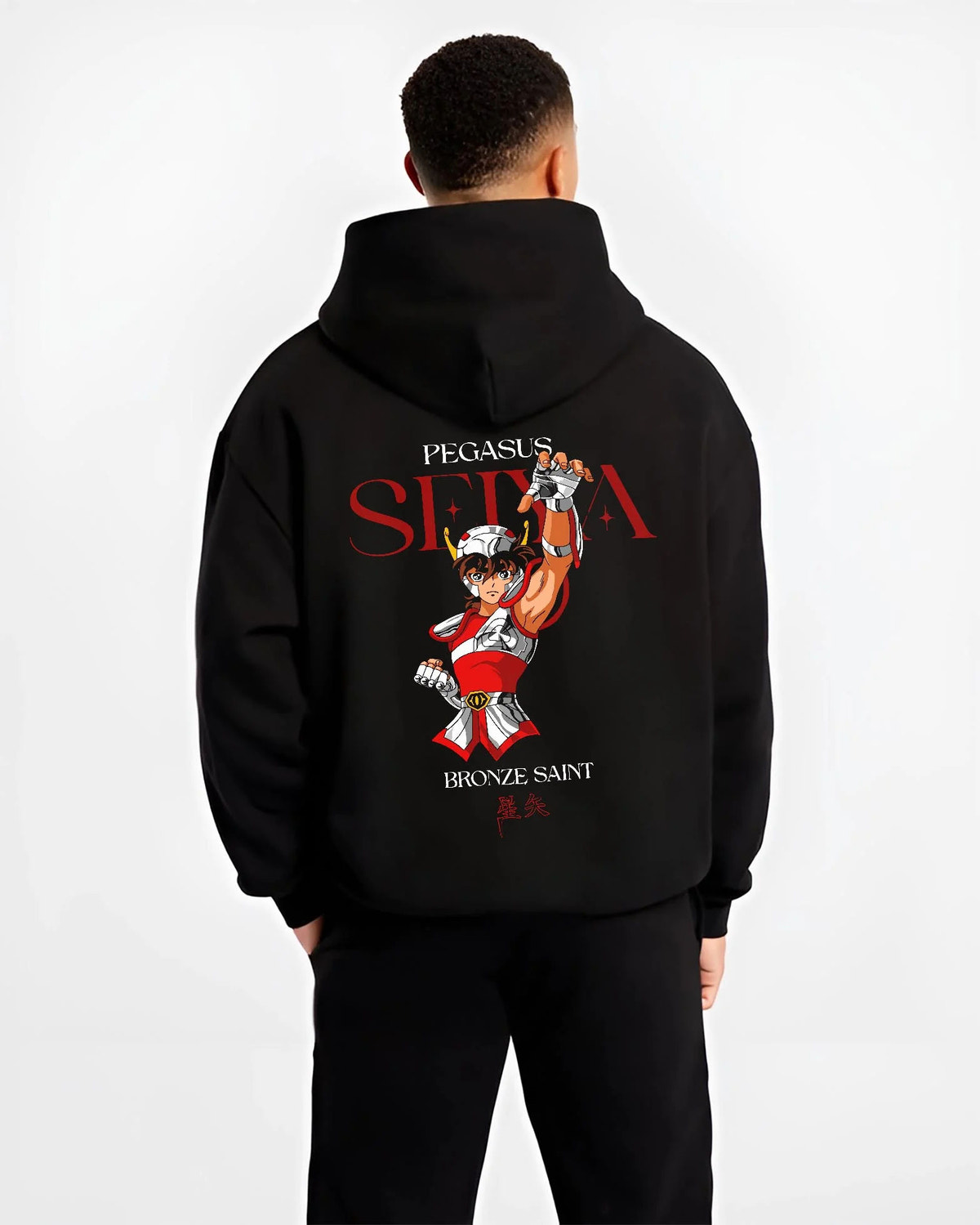 Black hoodie worn by male model from the back featuring Pegasus Seiya Saint Seiya Bronze Saint cosmos artwork.