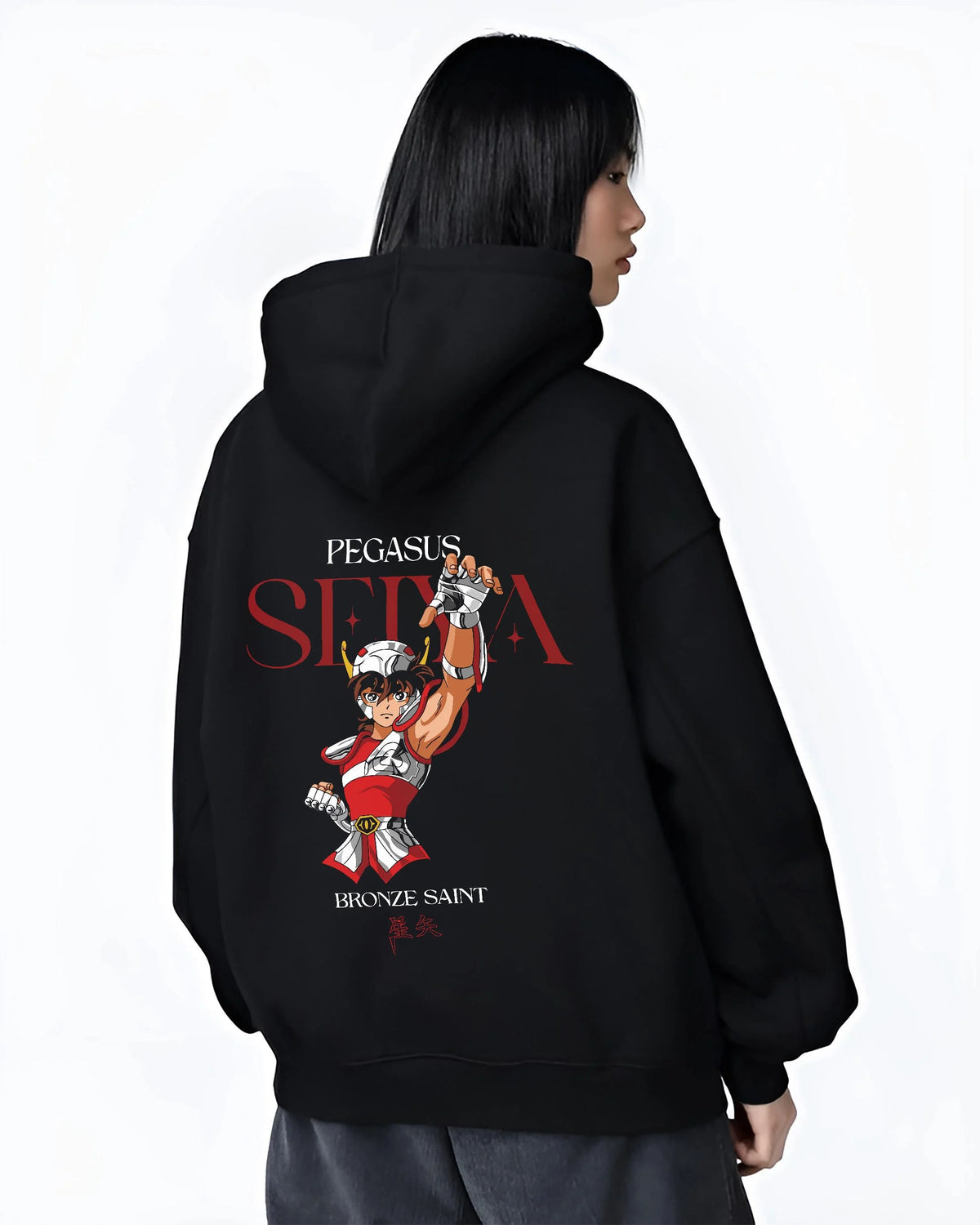 Black hoodie worn by female model from the back featuring Pegasus Seiya Saint Seiya Bronze Saint cosmos artwork.