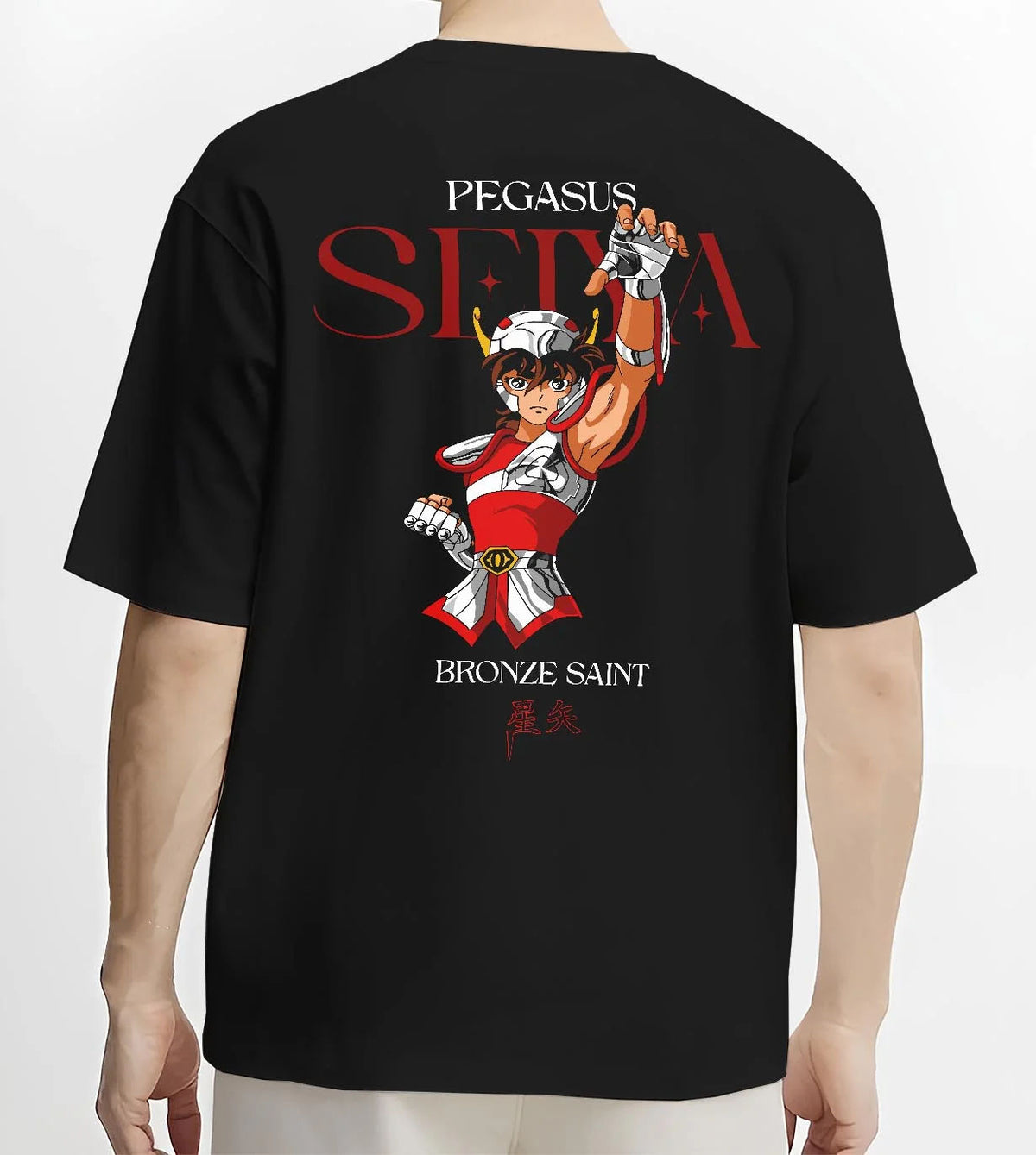 Black T-shirt worn by male model from the back featuring Pegasus Seiya Saint Seiya Bronze Saint cosmos artwork.