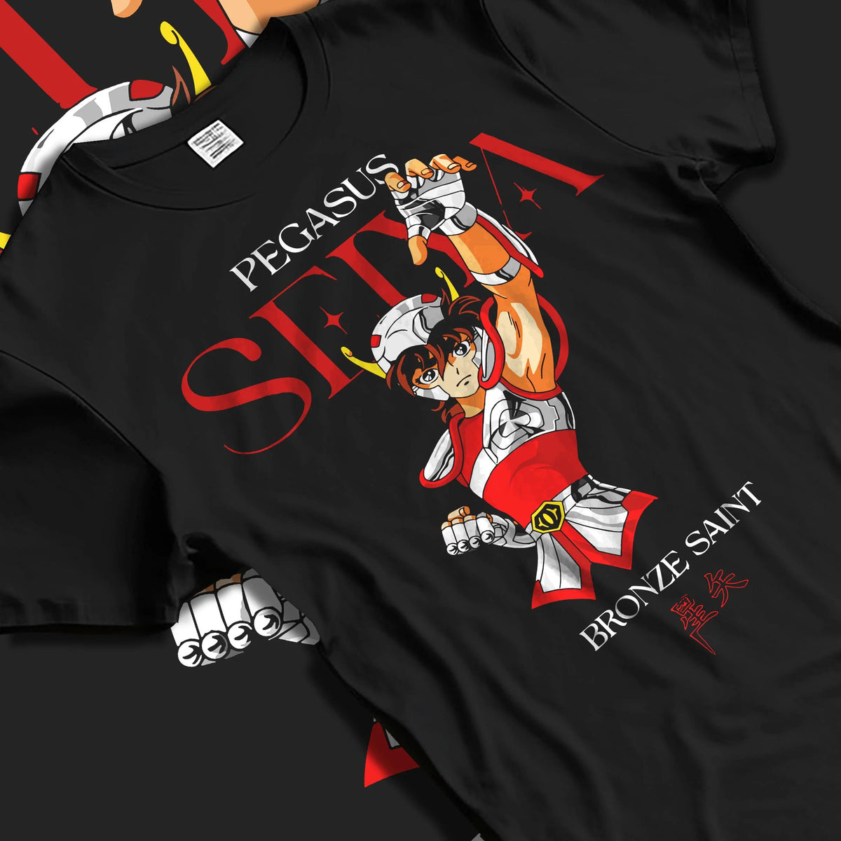 Black T-shirt laid flat with natural folds featuring Pegasus Seiya Saint Seiya Bronze Saint cosmos artwork.