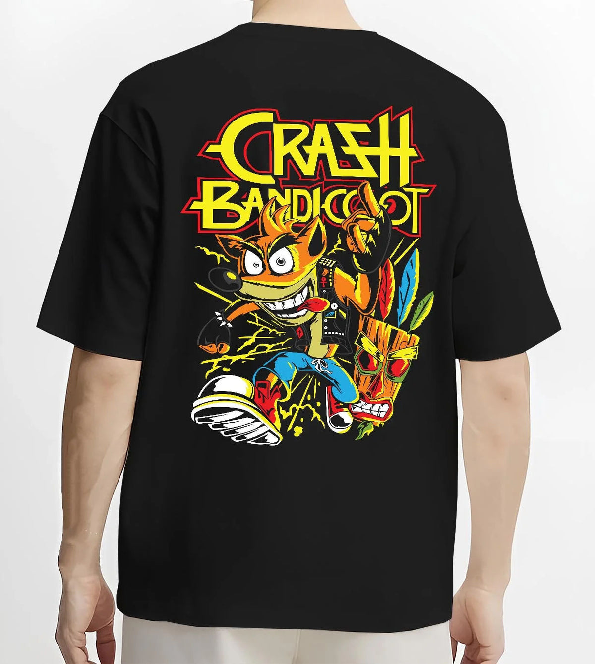 Black T-shirt worn by male model from the back featuring Crash Bandicoot retro gaming spin action artwork.