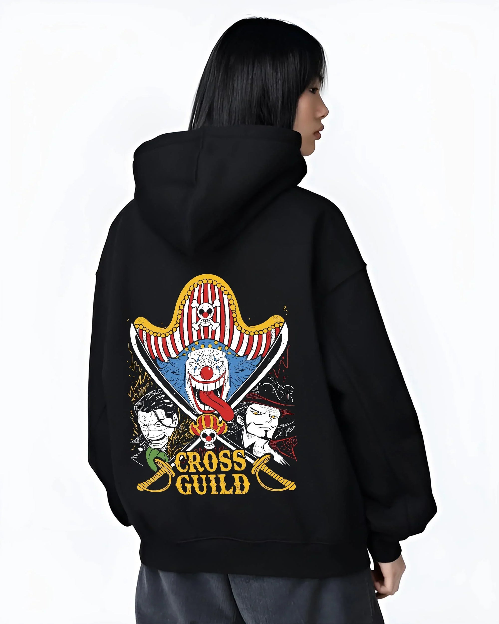Black hoodie worn by female model, back view with Cross Guild Hoodie One Piece Buggy Mihawk Crocodile graphic streetwear graphic.