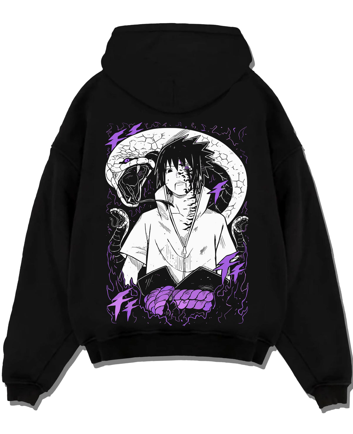 Black hoodie laid flat featuring Sasuke Uchiha Naruto curse mark power artwork.
