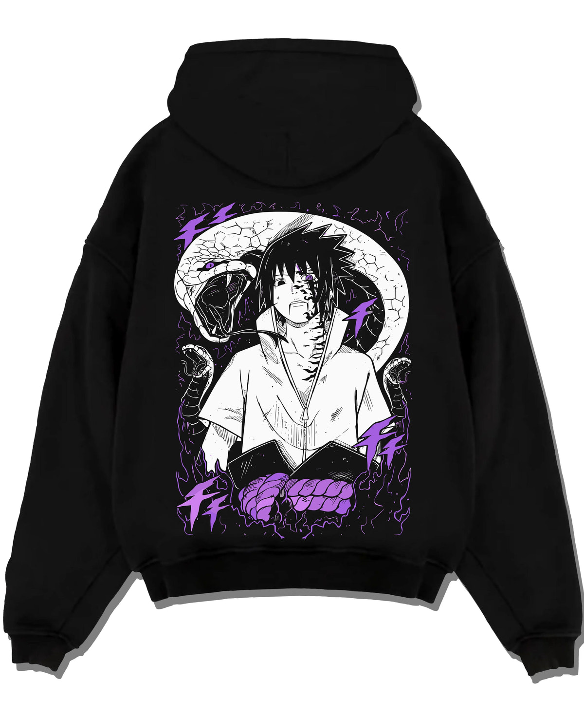 Black hoodie laid flat featuring Sasuke Uchiha Naruto curse mark power artwork.