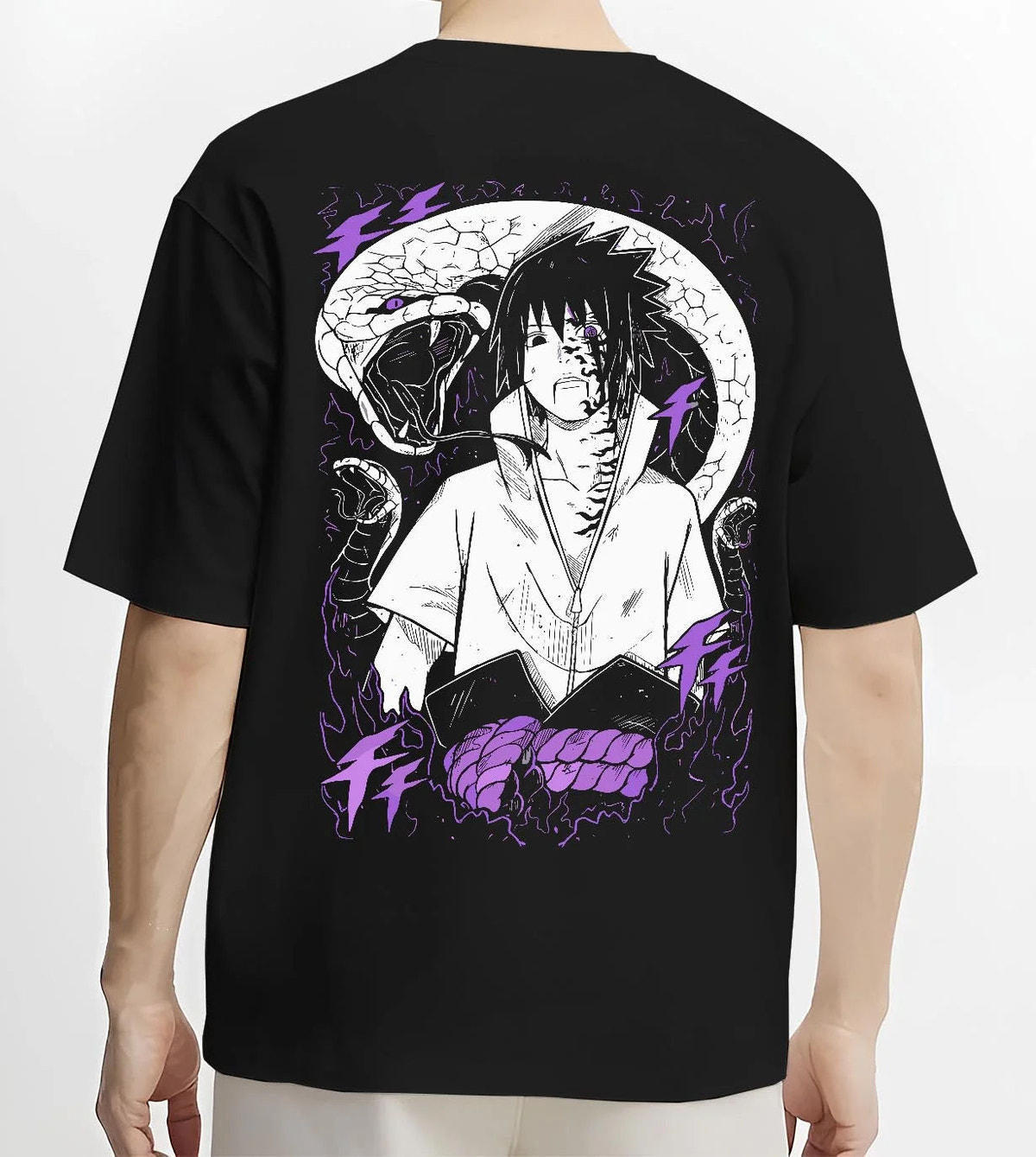Black T-shirt worn by male model from the back featuring Sasuke Uchiha Naruto curse mark power artwork.