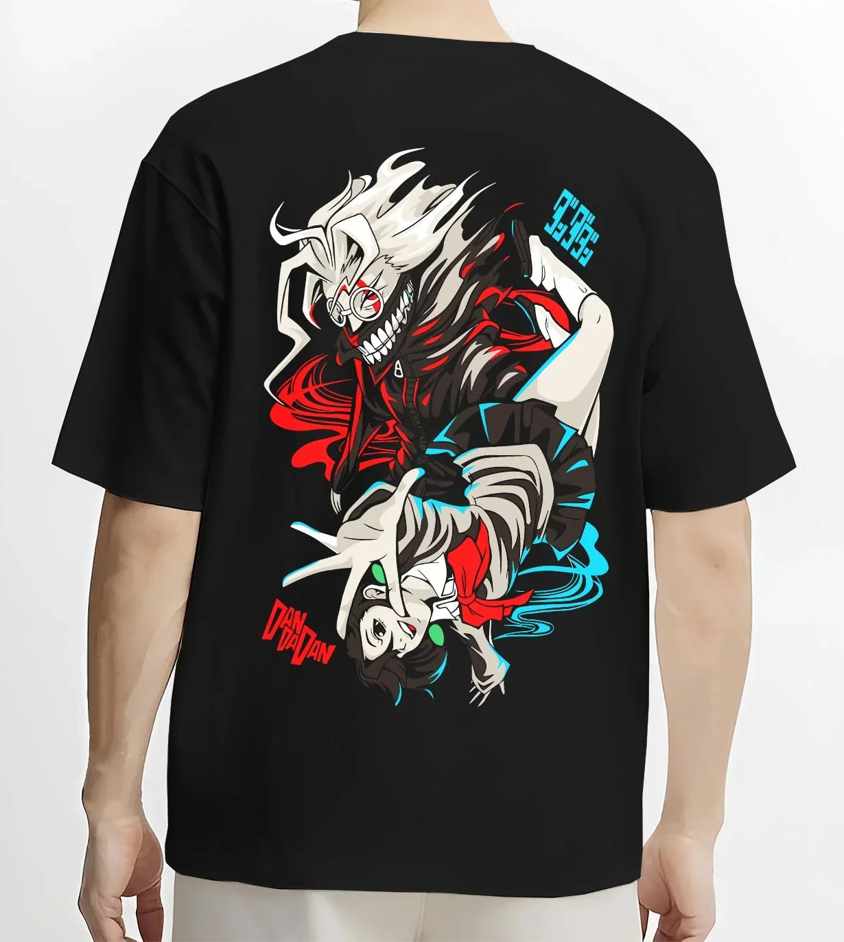 Black T-shirt worn by male model, back view with Jujutsu Kaisen Hoodie Yuji Itadori Choso Jumper graphic premium wear.