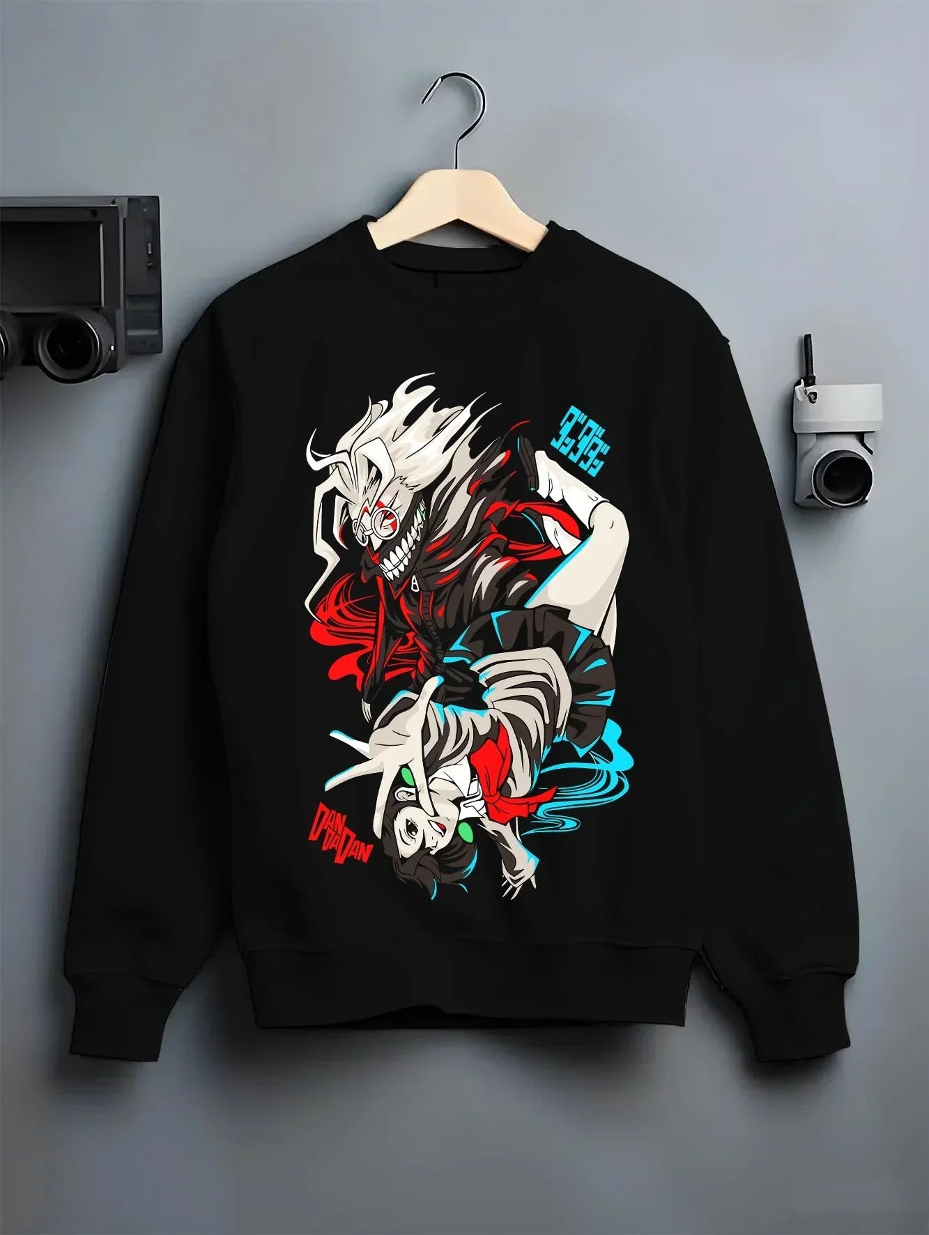 Black crewneck sweatshirt on hanger with Jujutsu Kaisen Hoodie Yuji Itadori Choso Jumper graphic streetwear graphic.
