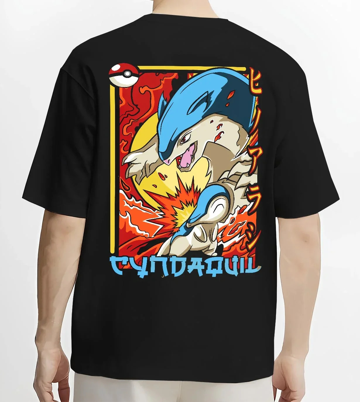 Black T-shirt worn by male model, back view with Cyndaquil Hoodie Pokémon Retro Fire Starter Flame graphic streetwear graphic.