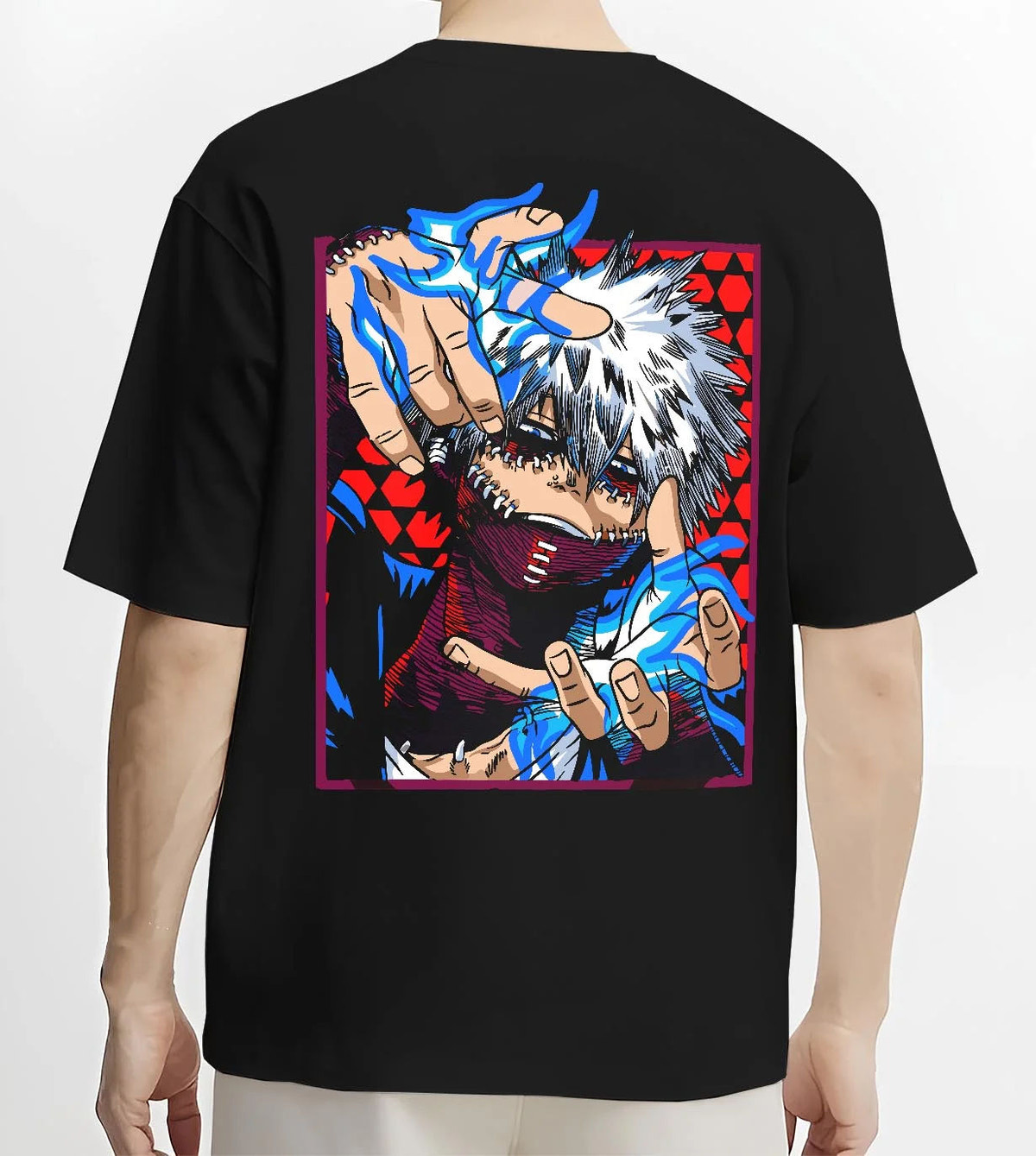 Black T-shirt worn by male model from the back featuring Dabi My Hero Academia blue flame villain artwork.