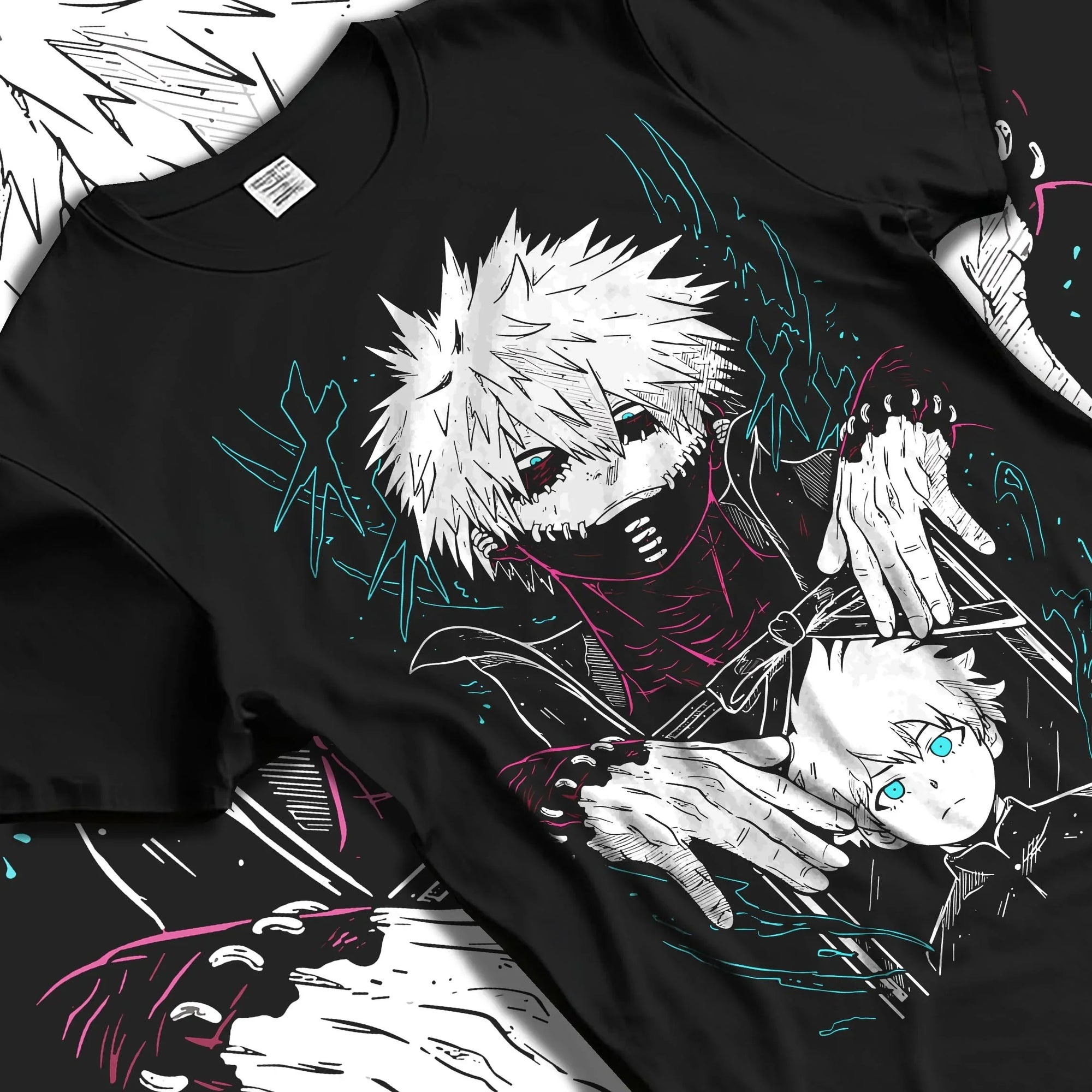 Black T-shirt laid flat with natural folds with Dabi Hoodie My Hero Academia Blue Flames Villain Art graphic Dabi themed artwork.
