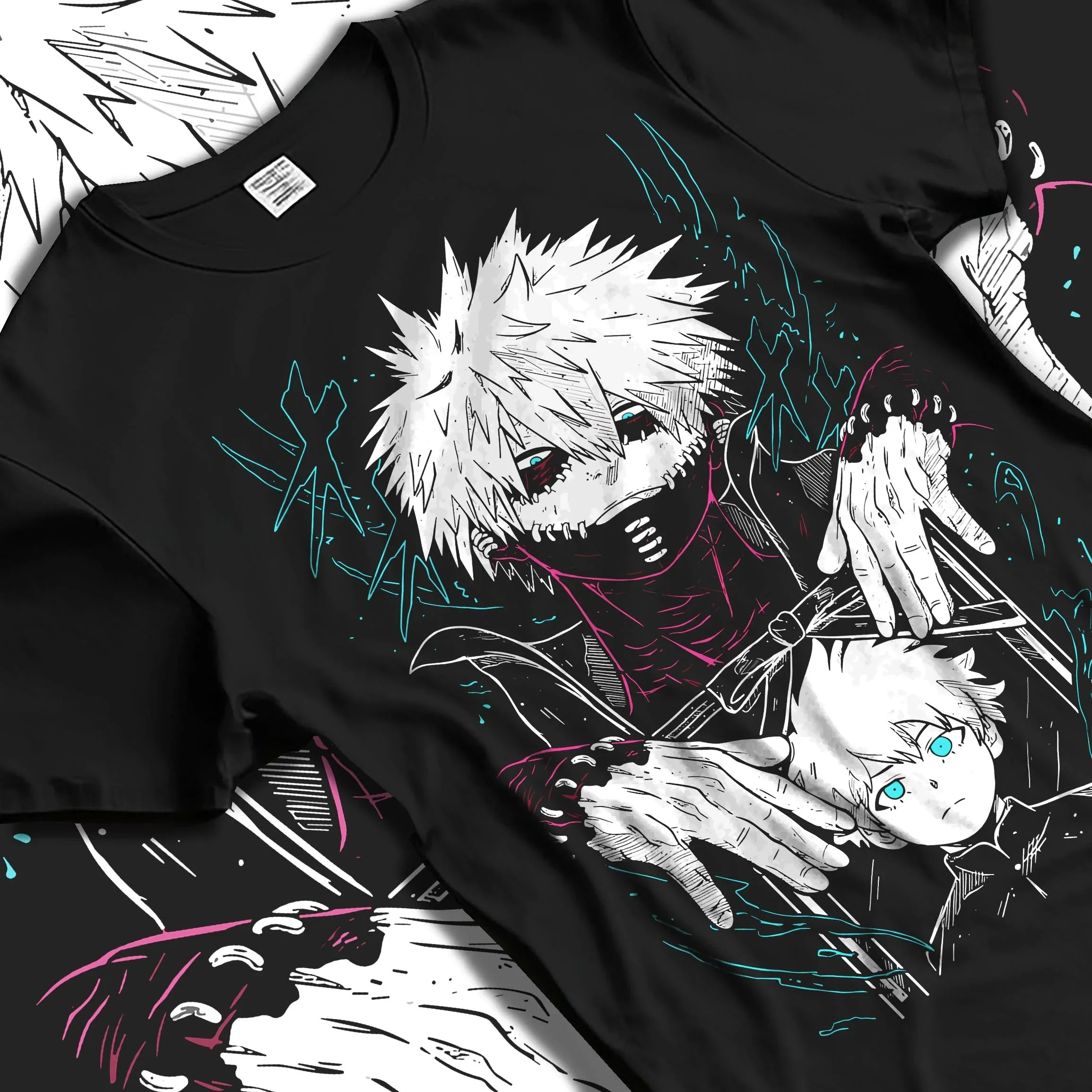Black T-shirt laid flat with natural folds with Dabi Hoodie My Hero Academia Blue Flames Villain Art graphic Dabi themed artwork.