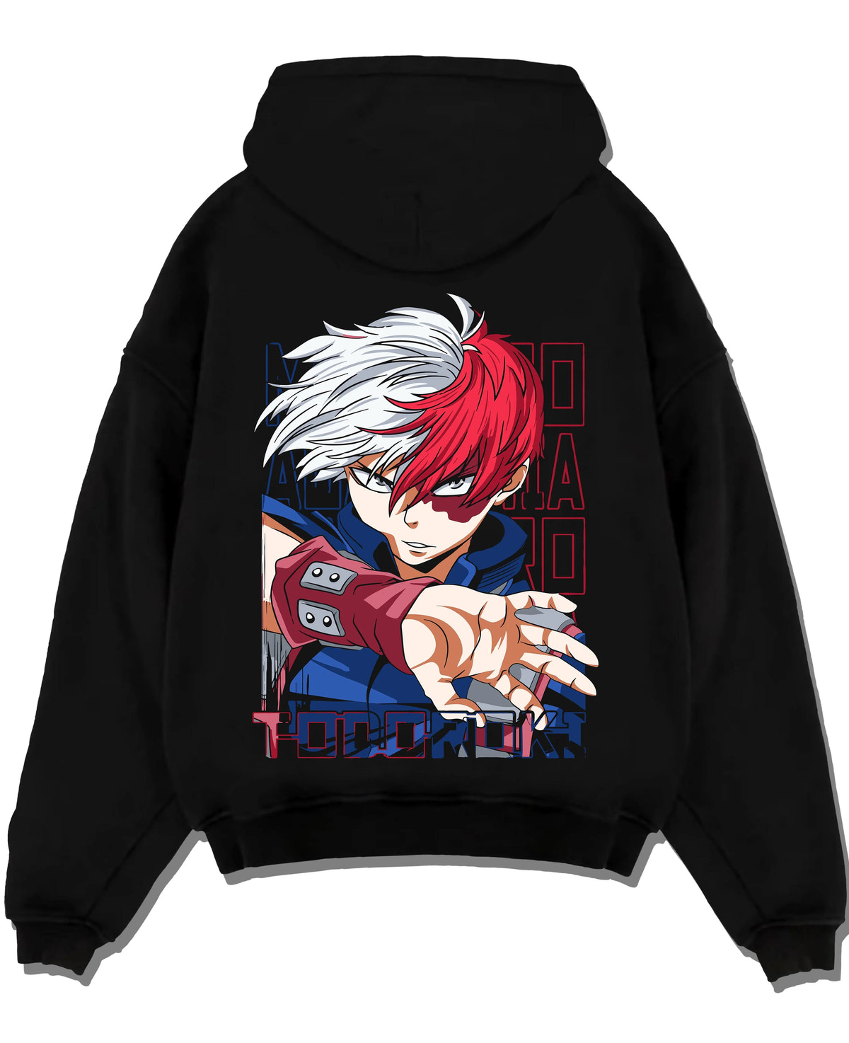 Black hoodie laid flat featuring Shoto Todoroki My Hero Academia fire and ice artwork.