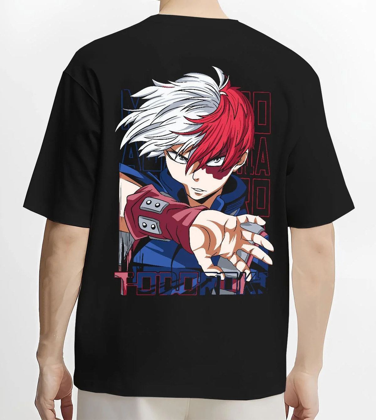 Black T-shirt worn by male model from the back featuring Shoto Todoroki My Hero Academia fire and ice artwork.