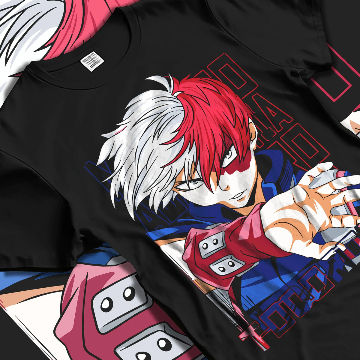 Black T-shirt laid flat with natural folds featuring Shoto Todoroki My Hero Academia fire and ice artwork.