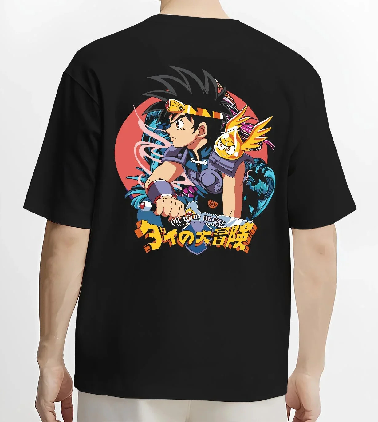 Black T-shirt worn by male model, back view with Dai Hoodie Dragon Quest Hero Sword Retro Anime Print graphic streetwear graphic.