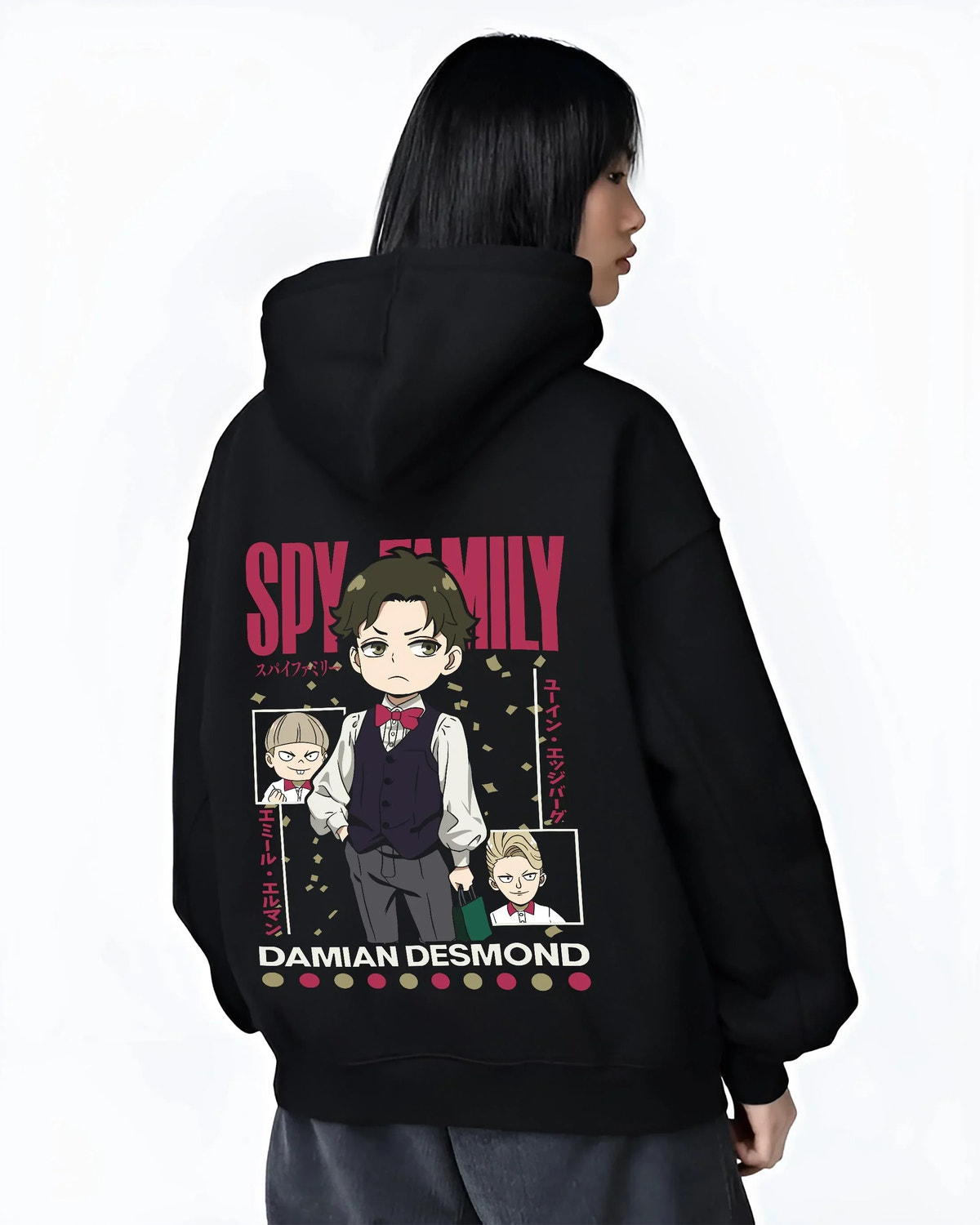 Black hoodie worn by female model, back view with Damian Hoodie Spy x Family Desmond School Retro Scene graphic bold anime graphic.