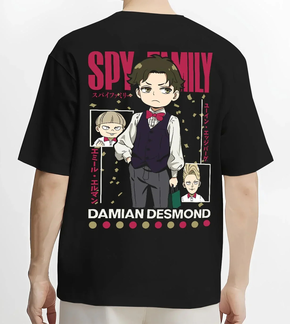 Black T-shirt worn by male model, back view with Damian Hoodie Spy x Family Desmond School Retro Scene graphic premium wear.