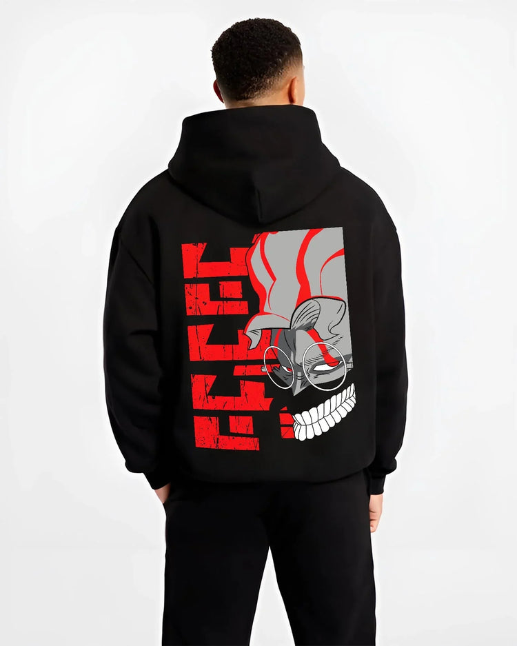 Black hoodie worn by male model, back view with Ken Turbo Mode Hoodie Dandadan Supernatural Battle graphic streetwear graphic.