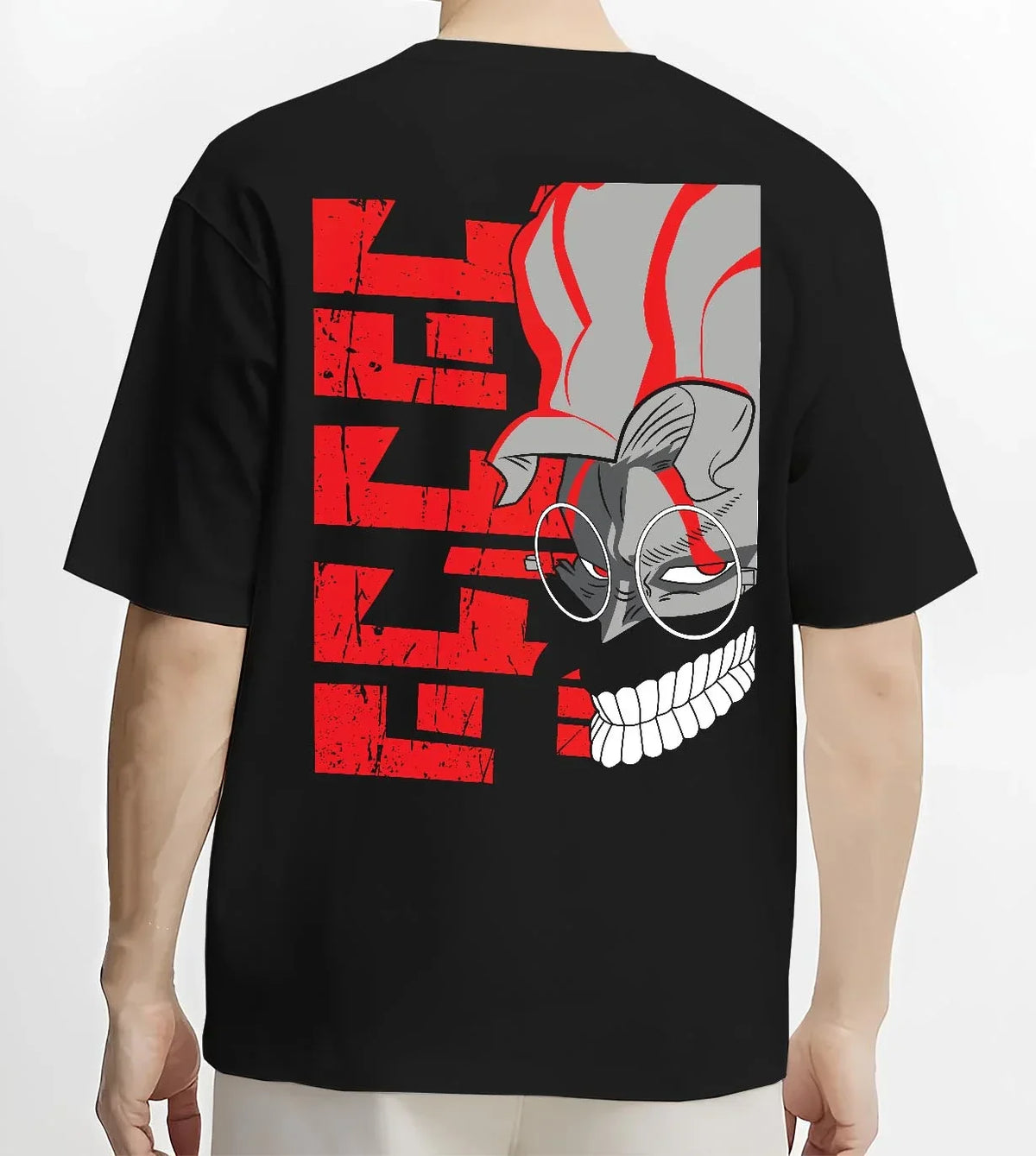 Black T-shirt worn by male model, back view with Ken Turbo Mode Hoodie Dandadan Supernatural Battle graphic streetwear graphic.