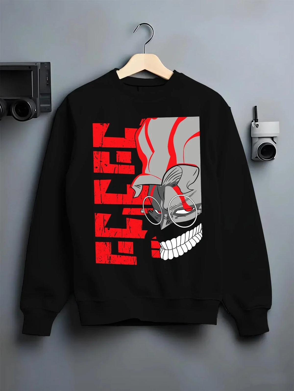 Black crewneck sweatshirt on hanger with Ken Turbo Mode Hoodie Dandadan Supernatural Battle graphic premium wear.