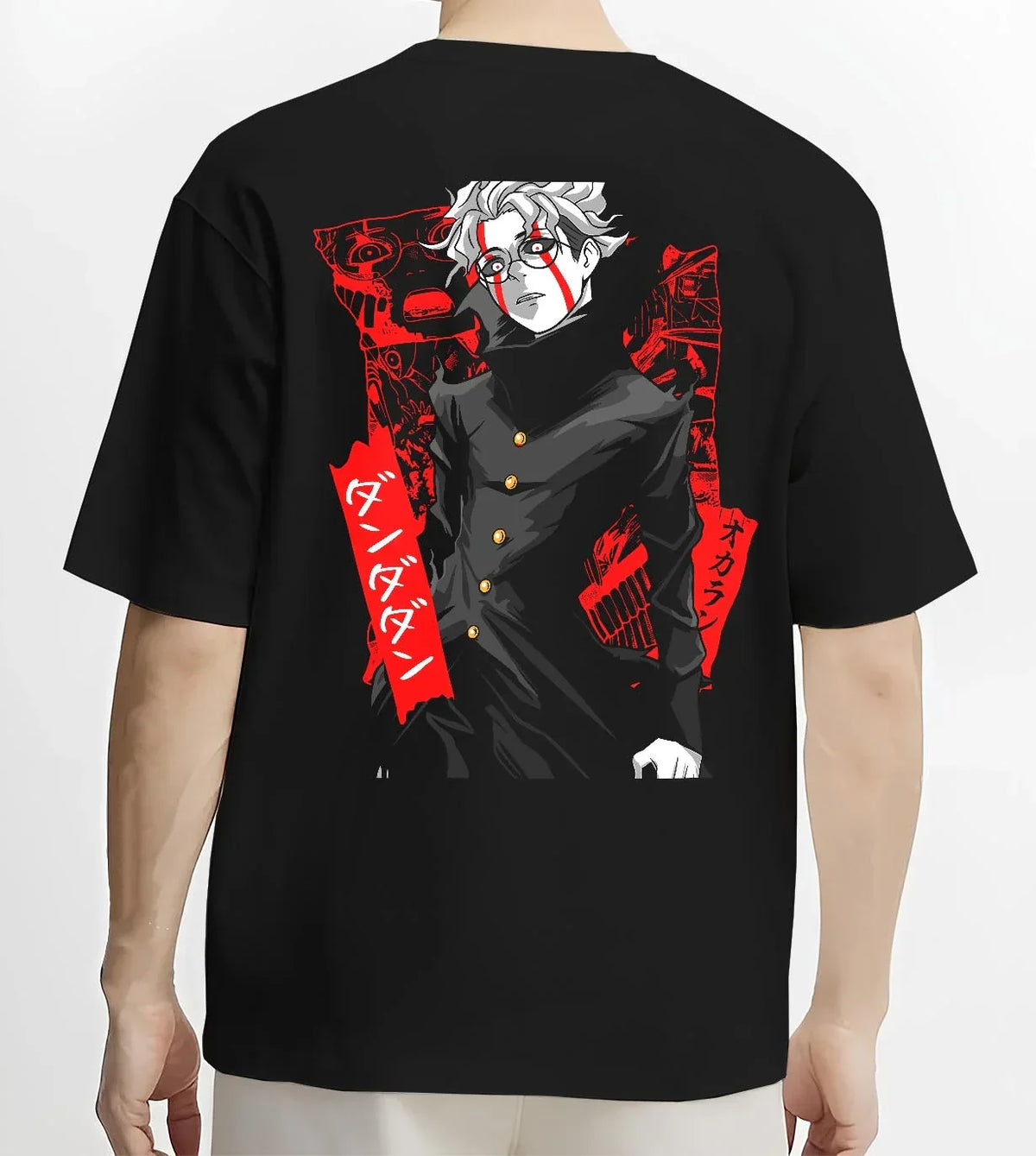 Black T-shirt worn by male model, back view with Ken Turbo Form Hoodie Dandadan Psychic Showdown graphic streetwear graphic.