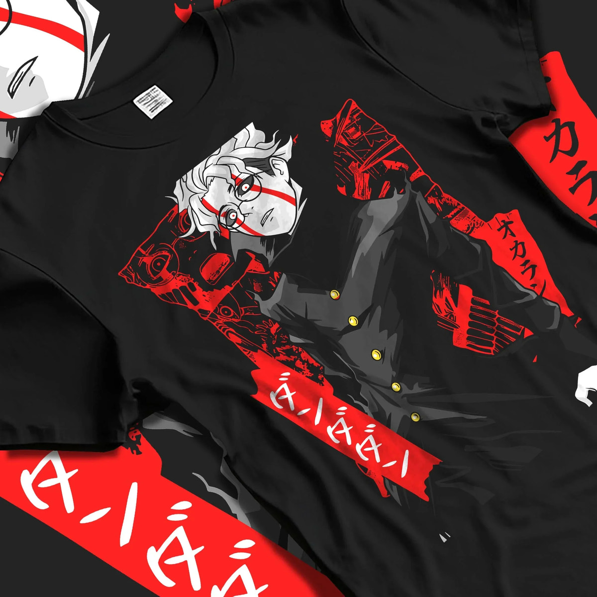 Black T-shirt laid flat with natural folds with Ken Turbo Form Hoodie Dandadan Psychic Showdown graphic streetwear graphic.