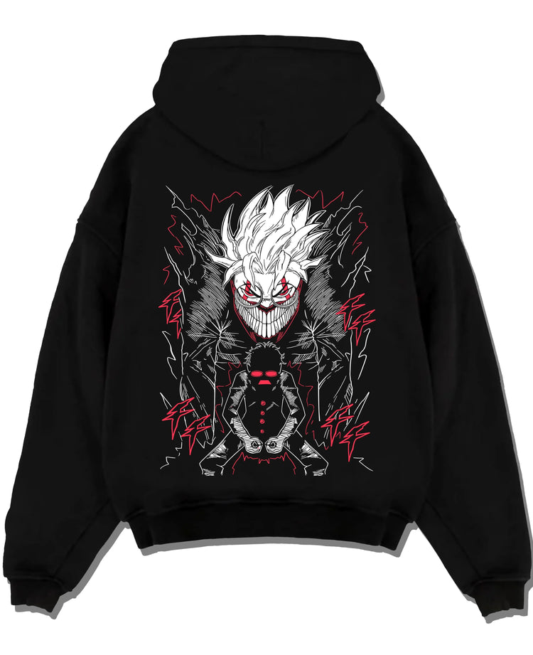 Black pullover hoodie laid flat with Ken Turbo Power Hoodie Dandadan Ghostly Encounter graphic bold anime graphic.
