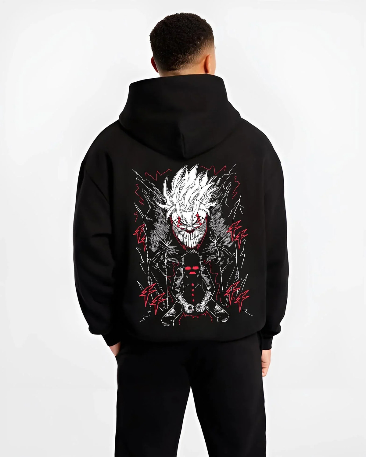Black hoodie worn by male model, back view with Ken Turbo Power Hoodie Dandadan Ghostly Encounter graphic premium wear.