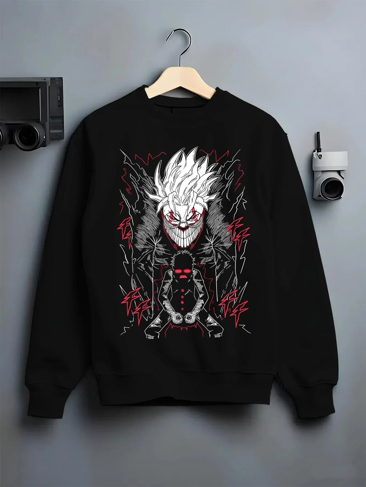 Black crewneck sweatshirt on hanger with Ken Turbo Power Hoodie Dandadan Ghostly Encounter graphic streetwear graphic.