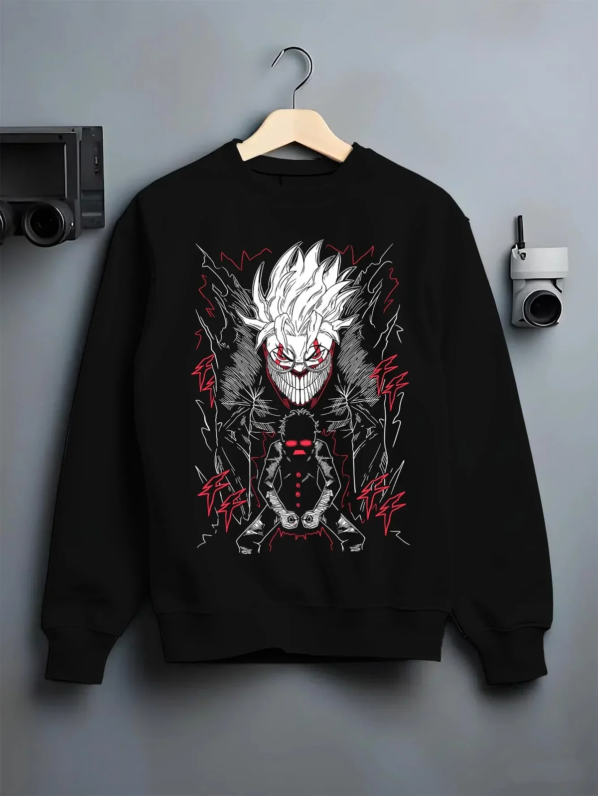Black crewneck sweatshirt on hanger with Ken Turbo Power Hoodie Dandadan Ghostly Encounter graphic streetwear graphic.