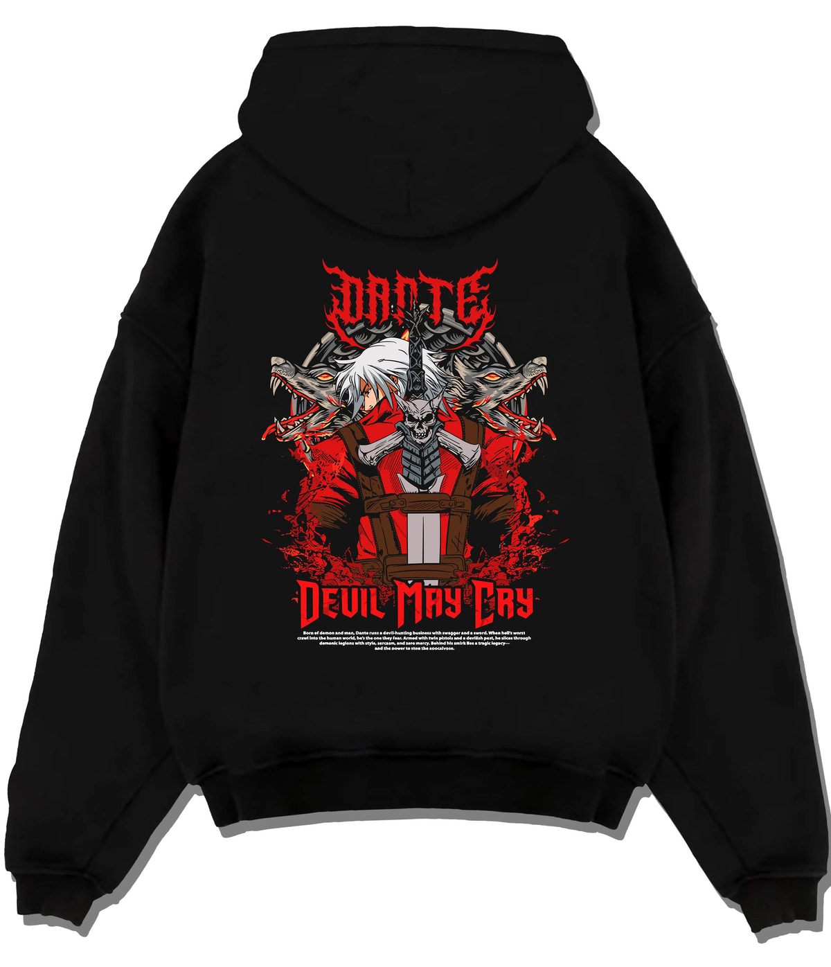 Black hoodie flat back view with Dante, Vergil and Devil May Cry ensemble illustrated back graphic