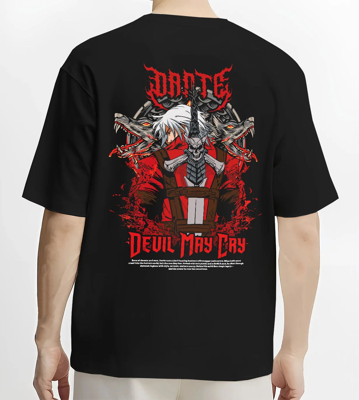 Black T-shirt model back view with Dante, Vergil and Devil May Cry ensemble illustrated back graphic