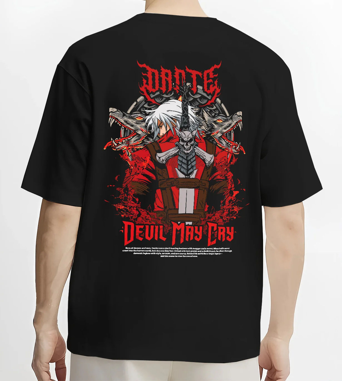 Black T-shirt model back view with Dante, Vergil and Devil May Cry ensemble illustrated back graphic