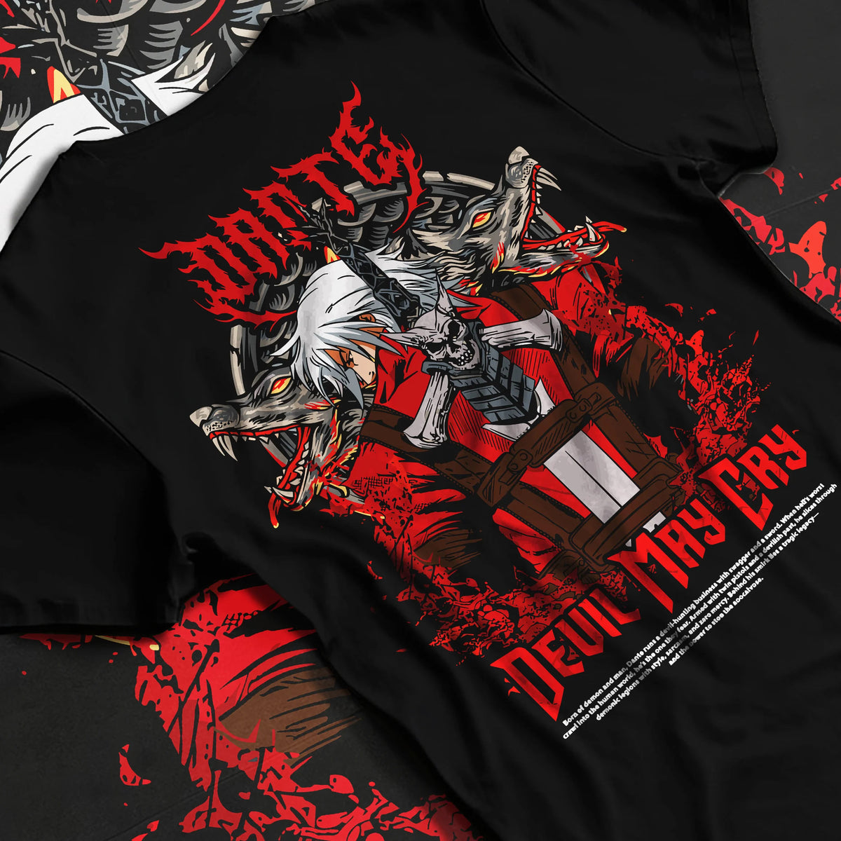 Black T-shirt flat back view with Dante, Vergil and Devil May Cry ensemble illustrated back graphic