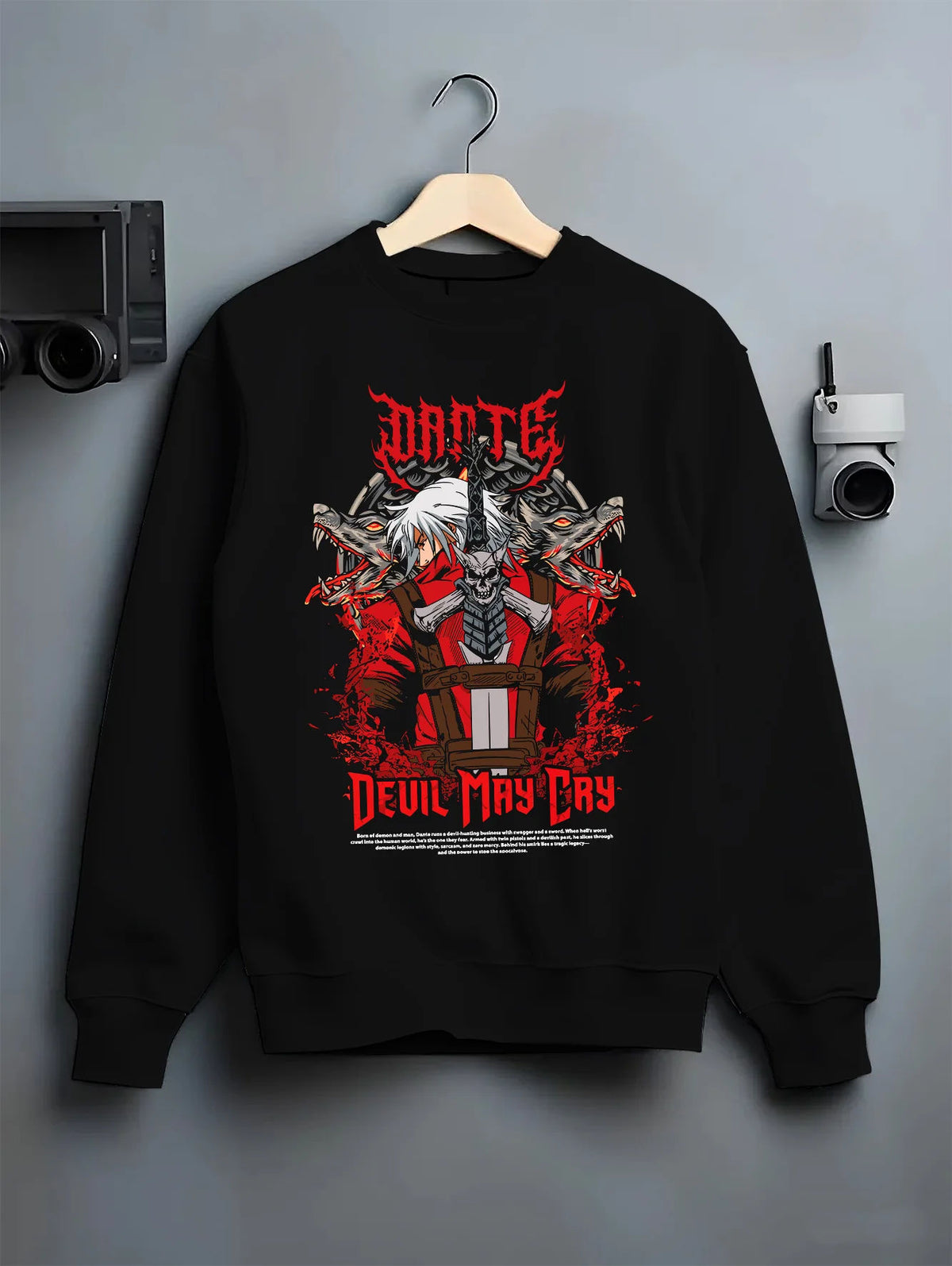 Black crewneck sweatshirt on hanger with Dante, Vergil and Devil May Cry ensemble illustrated back graphic