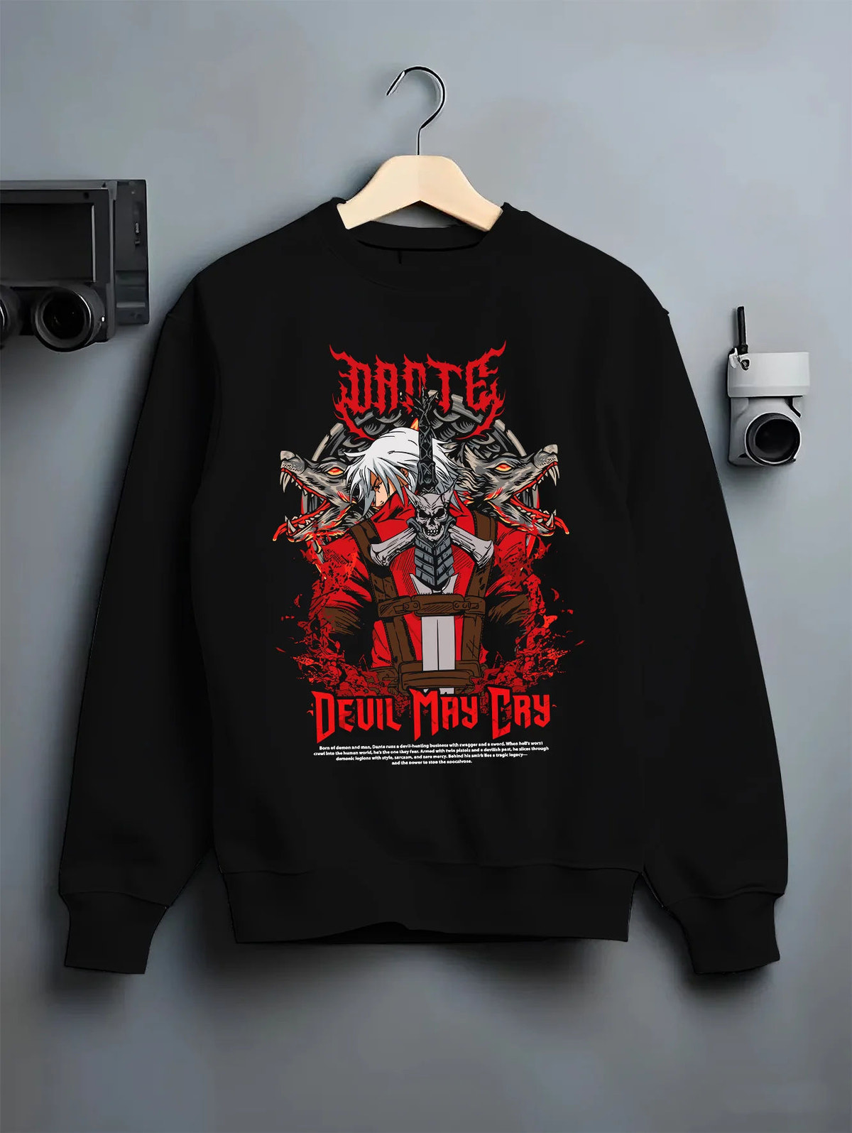 Black crewneck sweatshirt on hanger with Dante, Vergil and Devil May Cry ensemble illustrated back graphic